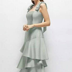 Dessy Collection Willow Green Bow Shoulder Tiered Midi Dress